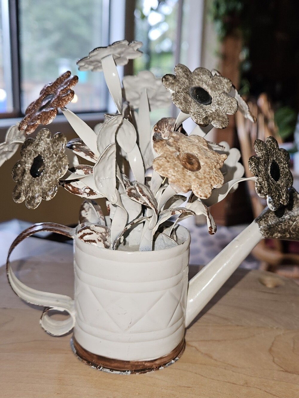 Small Decorative White Watering Can Flower Arrangement - Rustic Metal Flowers